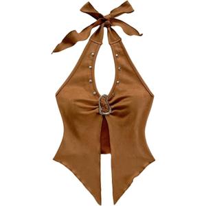 MakeMeChic Women's Halter Tops Cowboy Chic Studded Suede Tie Backless Fall Crop Tops (L)