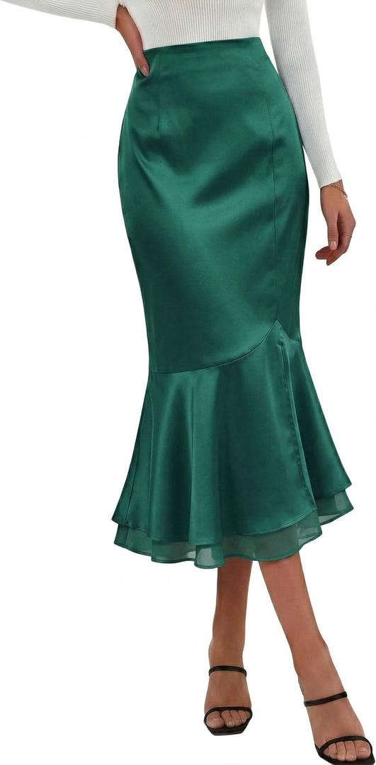 DERAX Womens Satin Midi Mermaid Skirt Silk Bodycon High Waisted Flowy Ruffled Tiered Spring Summer Elegant Fishtail Skirts (Green, S)
