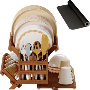 Greenual Teak Dish Drying Rack with Utensil Holder, 3 Tier Collapsible Dish Rack, Wooden Dish Racks for Kitchen Counter, Large Folding Drying Holder with Absorbent Dish Drying Mat (3-Tier+Dish Drying Mat)