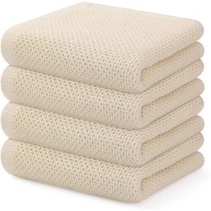 Kitinjoy 100% Cotton Waffle Weave Kitchen Hand Towels (13 x 28 Inches, Beige), 4-Pack Super Soft and Absorbent Dish Towels for Drying Dishes,