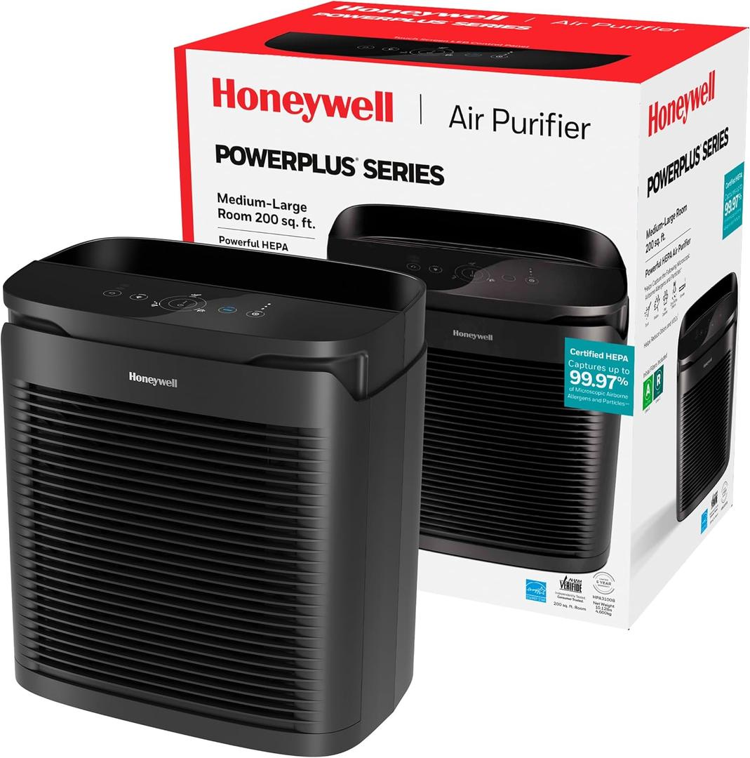 Honeywell PowerPlus HEPA Air Purifier for Home, 968 Ft Rooms in 1 Hour, HEPA Air Purifiers that Reduce Allergens, Dust, Pollen, All Smoke Types, Pet Dander and Odors, Black, HPA3100