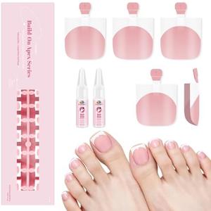 EBANKU Press On Toenails Pink French Tips, 150 Pcs Square Short Toe Nail Tips Toe Press On Nail Fake Toenail Full Cover Artificial False Nail Tips with Glue for Women Professional Home Salon DIY