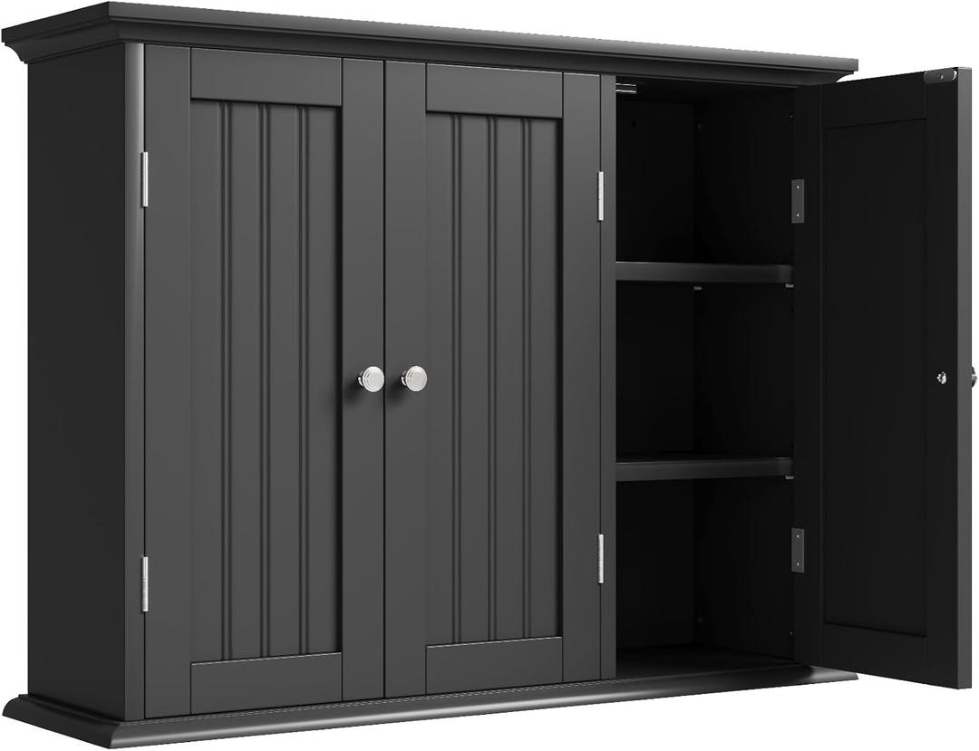 ChooChoo Bathroom Wall Cabinet with 3 Doors, Laundry Cabinet Wall Mounted, Medicine Cabinet with Adjustable Shelves, Hanging Kitchen Cupboard Organizer, Black, 9.06"D x 31.1"W x 23.4"H