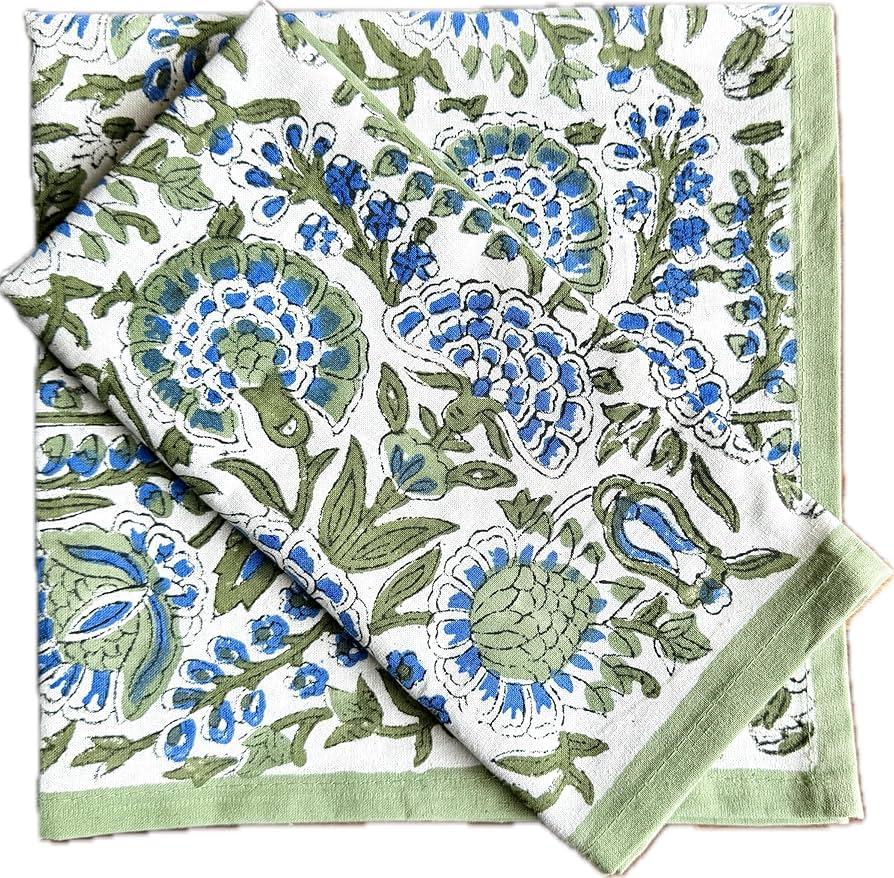 ATOSII Clover Blue 100% Cotton Fall Cloth Designer Dinner Napkins, Handblock Print, Washable Durable Linen for Everyday Use Weddings Parties Outdoors Easter I 20 X 20 Inches I Set of 4