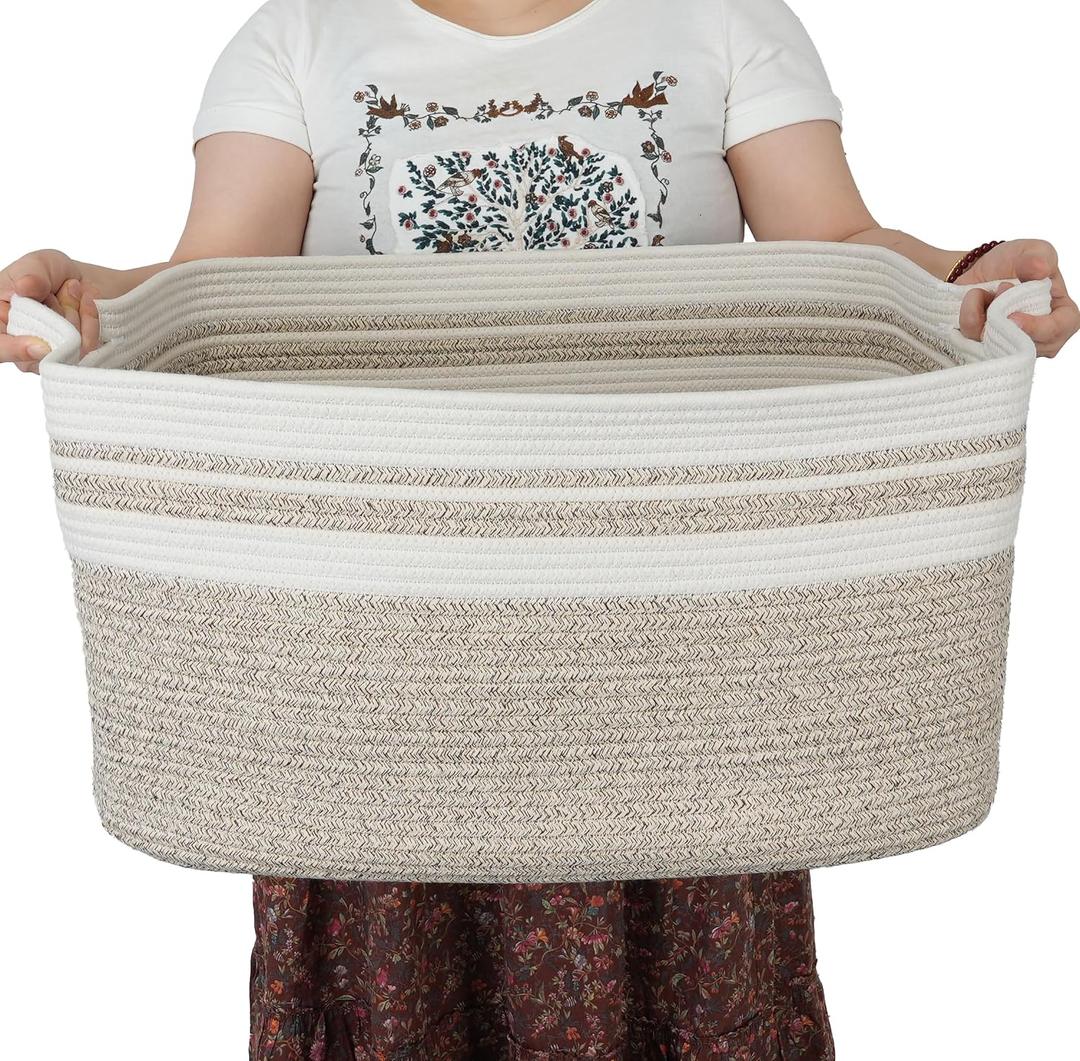 XUANGUO Large Rectangle Blankets Basket Living Room 22"x17"x12" Woven Cotton Rope Storage Baskets for Nursery Toy Baskets for Kids Wicker Laundry Basket Bin for Clothes Towels white brown