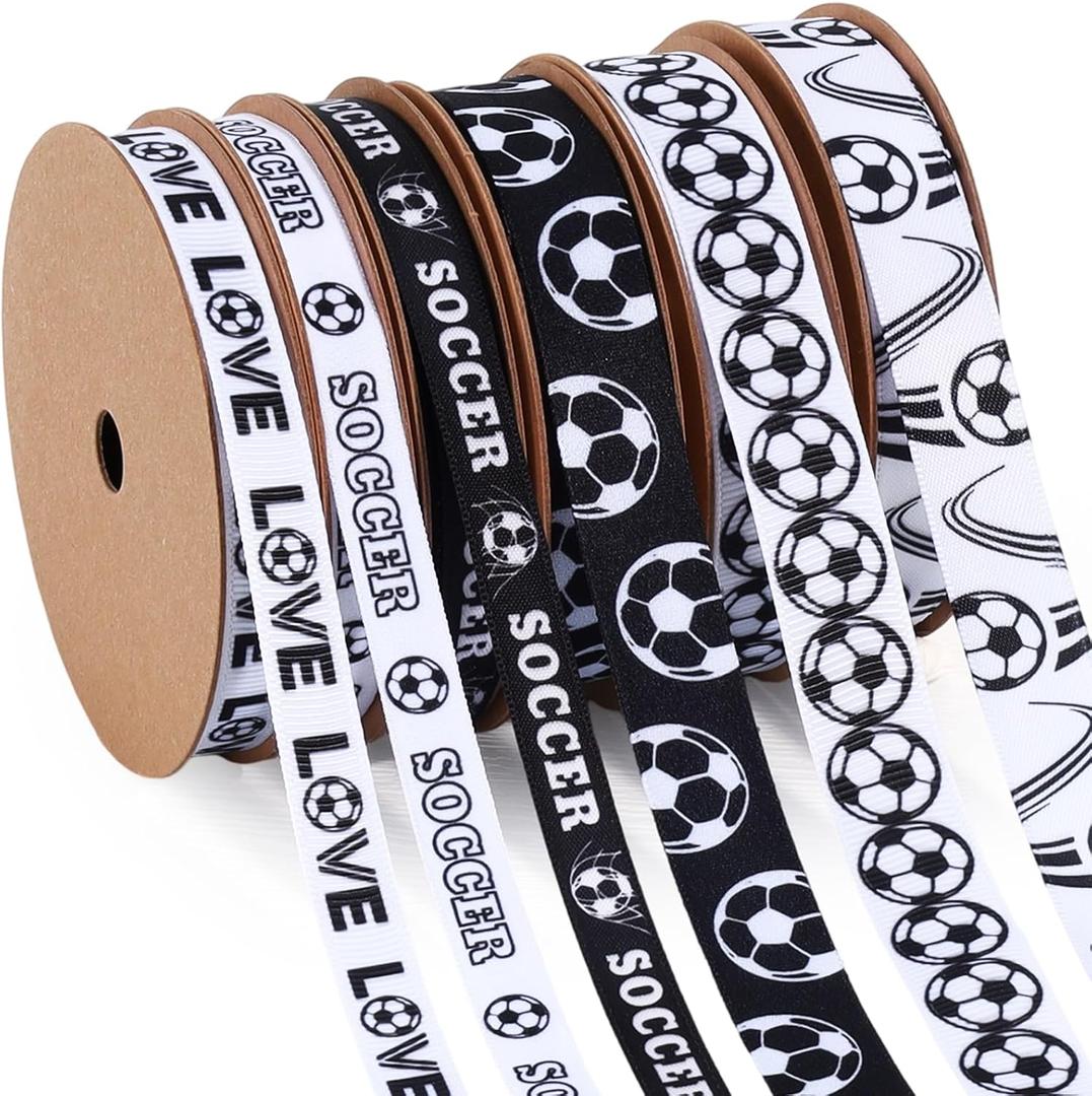 LaRibbons Soccer Ribbon Set 6 Rolls 30 Yards Total, White Black Sports Themed Craft Ribbons for Soccer Party Decorations, Hair Bows, Gift Wrapping, DIY Sewing Supplies