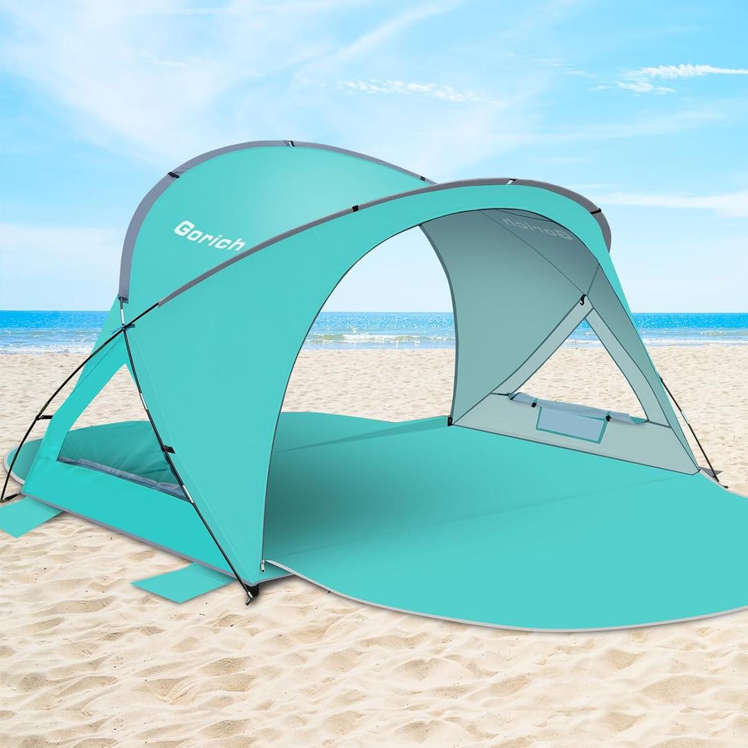 Gorich Beach Tent Sun Shelter with UPF50+ UV Protection for 3 Person, Lightweight & Portable Beach Shade Canopy with 2 Zippered Doors, Easy Setup Family Beach Umbrella (Turquoise) 3 persons