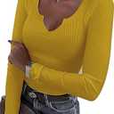 Roselux Women V Neck Ribbed Long Sleeve Shirt Fitted Basic Slim Knit Top, Large