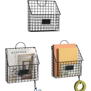 Hanging Wall File Organizer Metal Wall Mounted File Holder Folder with Handles and Hooks, Magazine Document Rack, for Home Office or Decor, 3 Packs (Patent Pending)