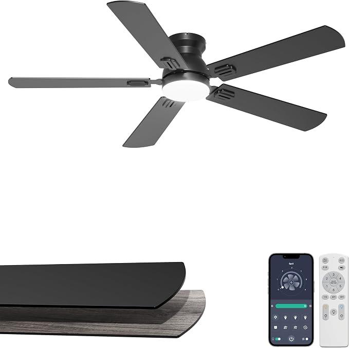 52'' Black Flush Mount Ceiling Fan with Lights for Bedroom
App/Remote Control, Low Profile, Space-Saving, Quiet DC Motor, 3CCT Dimmable, 6 Speeds Modern Overhead Fan for Low Ceilings