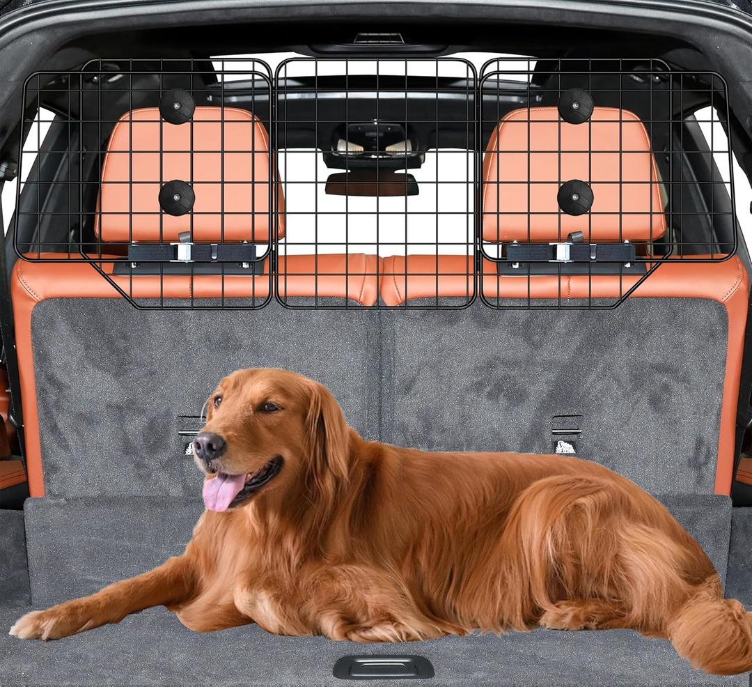 CASIMR Dog Car Barrier for SUVs, Vehicles, Trucks, Cars, Adjustable Pet Divider Cargo Area Universal-Fit, Folding Design for Easy Storage, Heavy-Duty Wire Mesh Barriers Safety Travel Accessories (38 - 61.9inch Triple Folding)