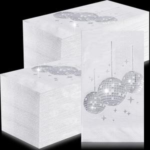 100 Pcs Disco Party Cocktail Napkins with Silver Foil Guest Towel Paper Disposable 70s 80s 90s Party Supplies Cocktail Napkins for Wedding Birthday Graduation 3 Ply 4 x 8 in(White Background)