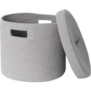 Gray Basket with Lid, 15 x 13 Woven Storage Basket for Blankets, Toys, Pillows, Towels, Living Room Bedroom Storage Bin, Round Rope Basket with Lid, Wicker Baskets for Organizing