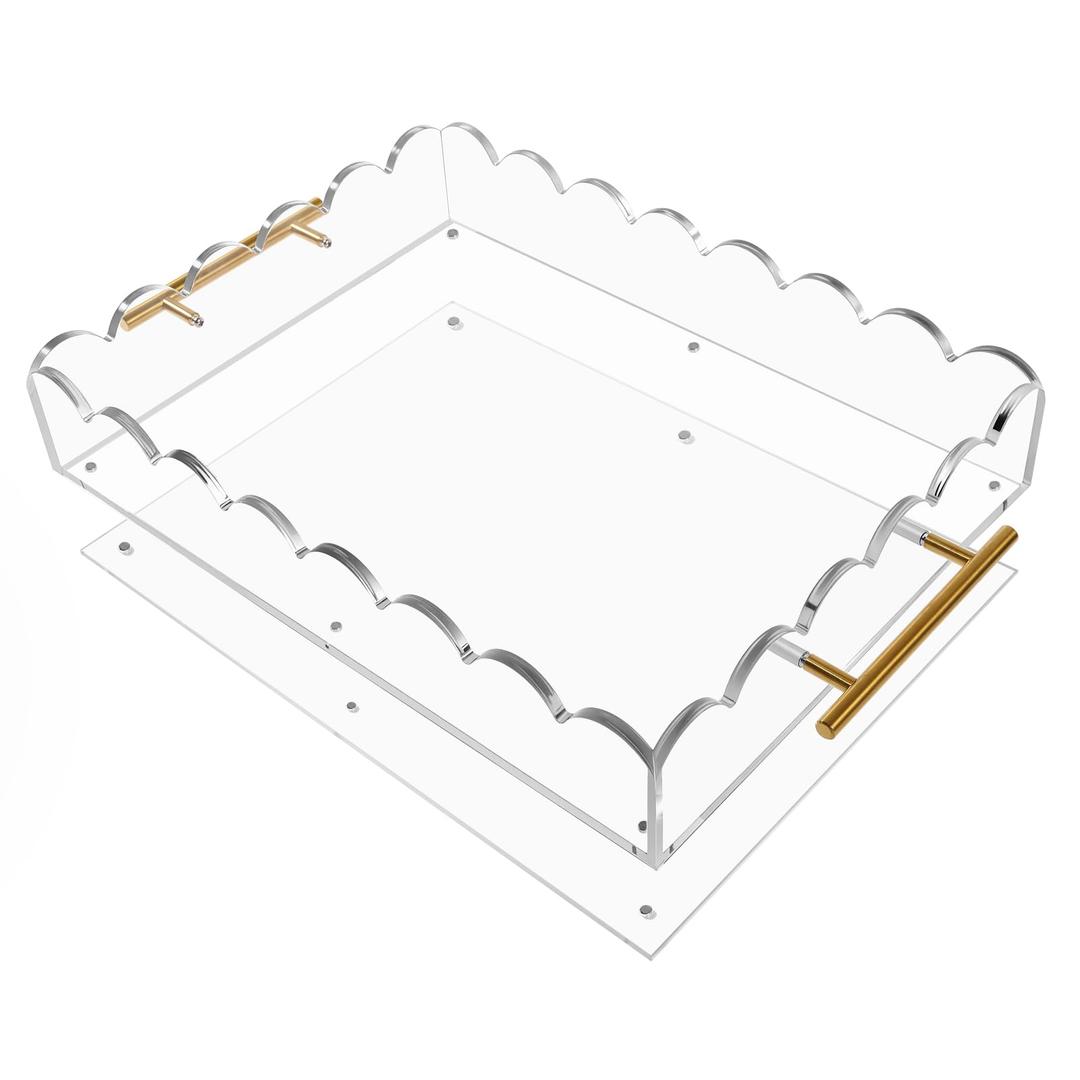 Acrylic Scalloped Tray 16'' X 12'' Clear Acrylic Serving Tray with Magnetic Mat and Golden Handles for Customizable Picture, Art, Decorative Storage Organizer