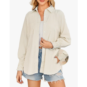 OUGES Women's Cotton Blend Oversized Boyfriend Collar Shirts Smocked Cuffed Striped Button Down Blouse Tops with Pockets Size Small