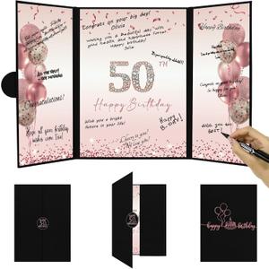 DARUNAXY Rose Gold 50th Birthday Party Decorations for Women, Happy 50th Birthday Alternative Signature Guest Book Black Pink 50 Birthday Signing Card Board Party Supplies Cheers to 50 Years Old Gift