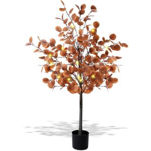 1 Pcs 4ft Lighted Fall Eucalyptus Leaves Branches Artificial Autumn Ficus Fall Long Silver Dollar Leaves Fake Silk Eucalyptus Stems with Lights Faux Tree Decor for Porch Front Outdoor