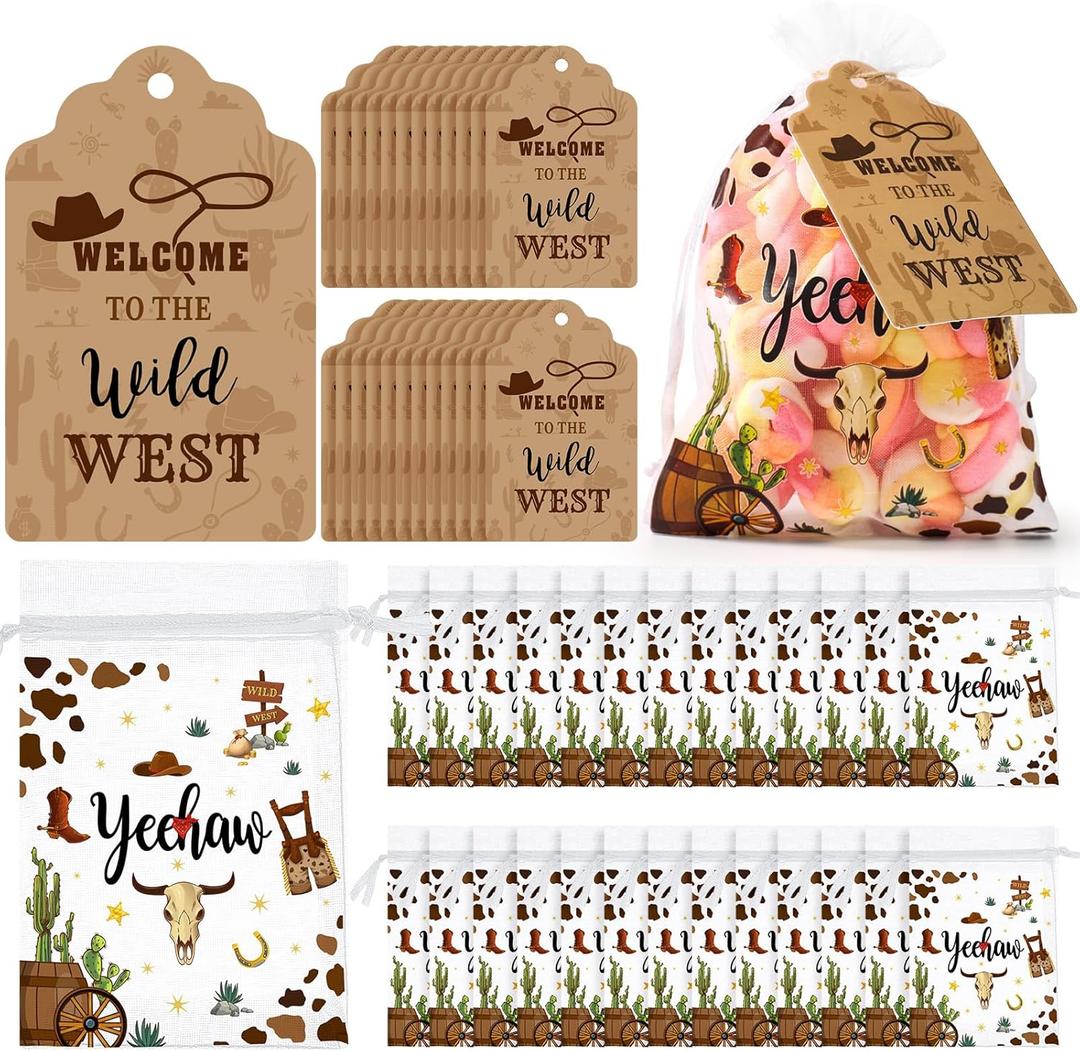 Blulu 50 Sets Western Party Decorations Western Gift Bags with Tags Wild West Candy Goodie Organza Bags for West Cowboy Wedding Birthday Baby Shower Baptism Supplies