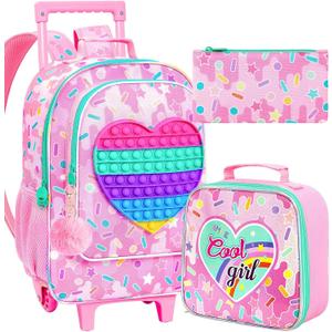 CCJPX 3Pcs Kids Rolling Backpack for Girls, Love Roller Wheeled Bookbag Toddler Elementary School Bag with Wheels (Pink)