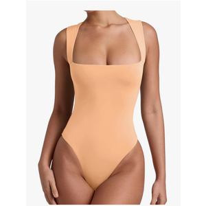 REORIA Butsmooth® Women’s Sexy Sleeveless Square Neck Double Lined Basic Bodysuit Tank Tops, Small, Peach Fuzz