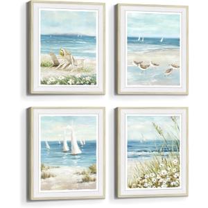 Bedroom Framed Beach Wall Art: Modern Living Room Blue Ocean Scene Picture 4 Piece Bathroom Tropical Coastal Landscape Artwork Vertical Relaxing Seascape Sailboat Painting Sea Print for Home