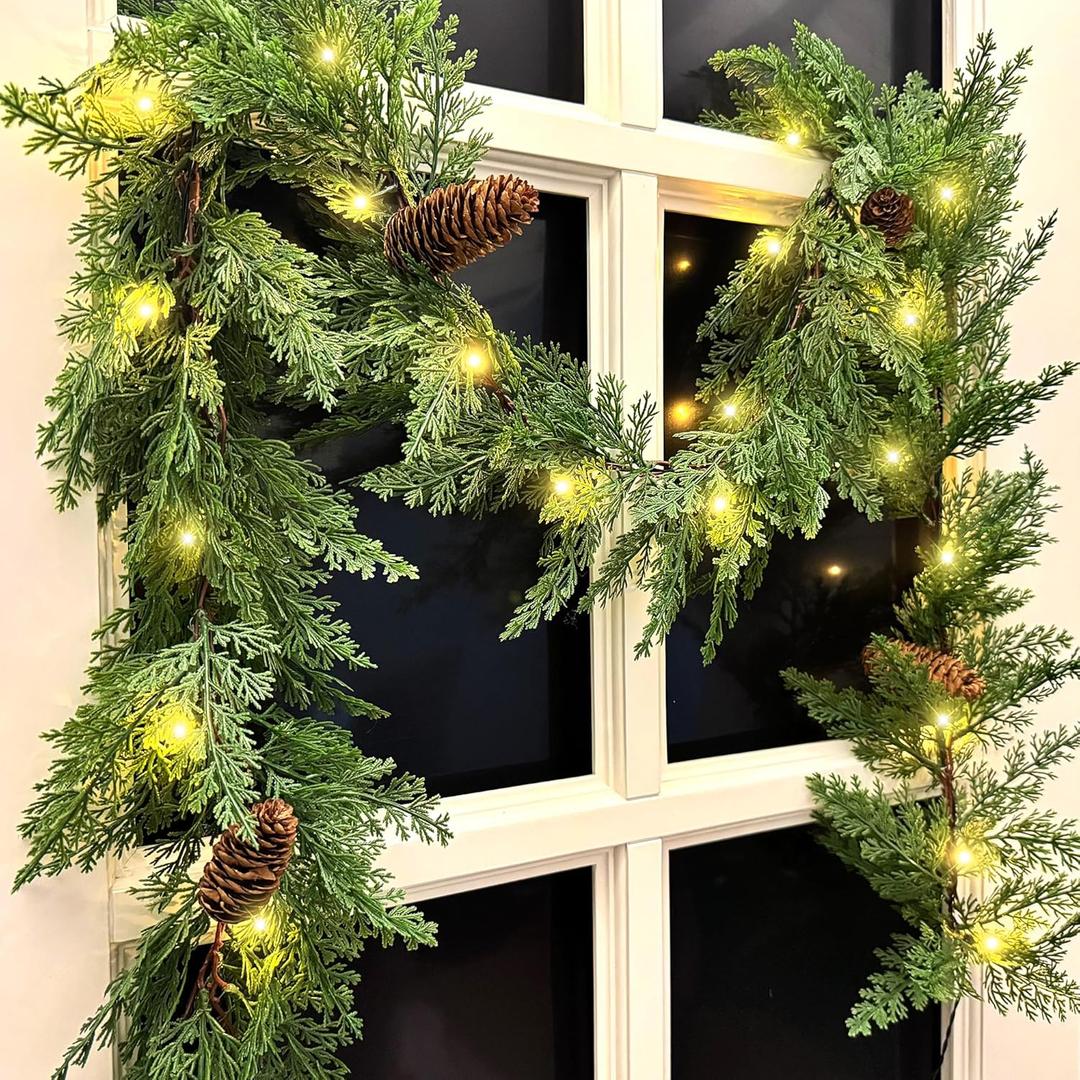 6 FT Christmas Garland with Lights, Battery Operated Pre-Lit Pine Cone Greenery, 20 Warm LEDs Artificial Xmas Decor with Timer, Holiday Decoration for Indoor Mantel Staircase Doorway Window