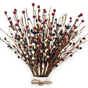 4th of July Decorations 18 Pack Red White Blue Artificial Berries Stems 17 Inch Patriotic Picks for Independence Day Party Home Decor
