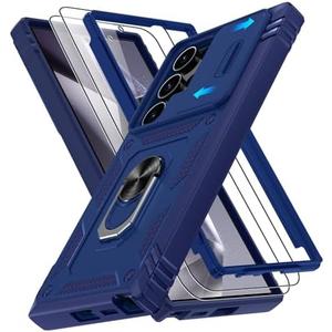 Fit for Samsung Galaxy S24 Ultra Phone Case with Screen Protector*2, Build in 360° Rotating Ring Kickstand, Military Grade Protective Case for Samsung S24 Ultra Phone, Blue