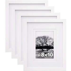 Egofine 8x10 Picture Frames Set of 4, Made of Solid Wood Covered by Plexiglass 4x6 and 5x7 with Mat or 8x10 without Mat, for Table Top Display and Wall Mounting Photo Frame White