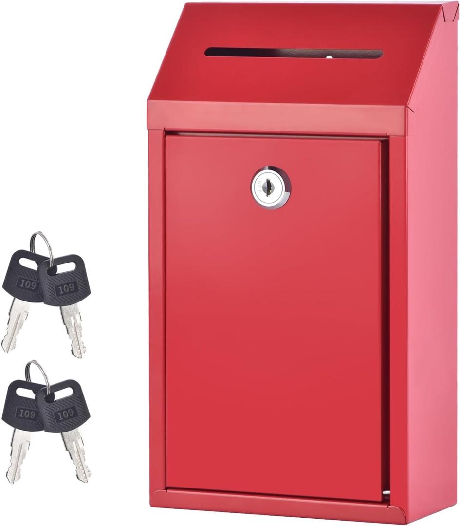 Donation Box Wall Mount Collection Box with Lock Suggestion Box with Lock Delivery Mail Box Ballot Box with Key for Home Office Farm Outdoor (Red)