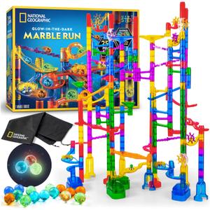 NATIONAL GEOGRAPHIC Glowing Marble Run 250 Piece Construction Set with 50 Glow in The Dark Glass Marbles & Storage Bag, STEM Gifts for Boys and Girls, Building Project Toy, One Size
