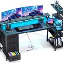 59 Inch Gaming Desk with LED Lights and Power Outlets, Computer Desk with Storage Shelves, Fabric Drawers, Monitor Stand & Side Hook, Reversible Gamer Table for Home Office, Carbon Fiber Black