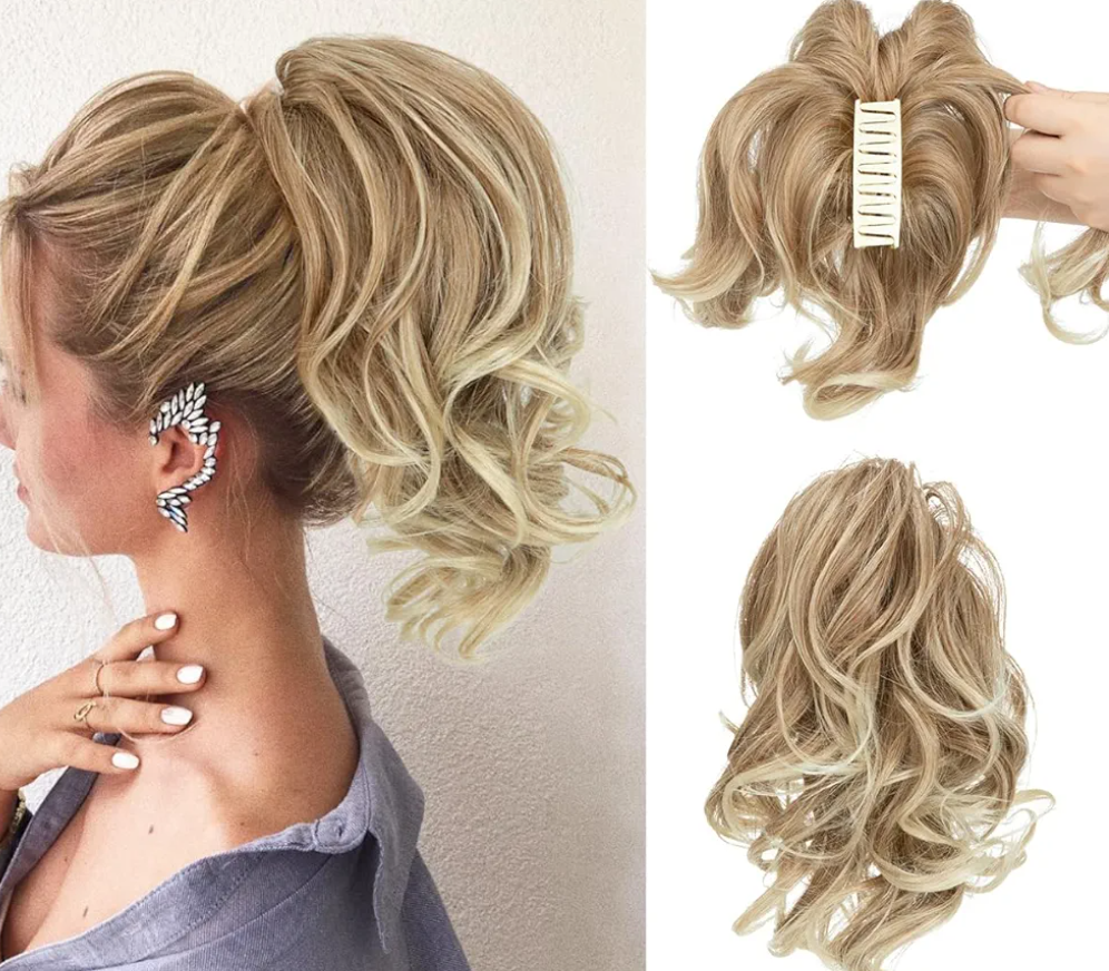CJL HAIR Claw Clip Short Ponytail Hair Extensions DIY Bendable Metals Messy Bun Hair Piece for Wonen Wavy Curly Synthetic Fake Hairpieces Gloden Blonde and Beach Blonde Tips