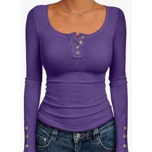 Kissfix Long Sleeve Shirts for Women Fall Winter Henley Tops Business Casual Ribbed Blouses Date Night Trendy Outfits, S