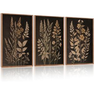HLNIUC Vintage Botanical Fern Framed Canvas Wall Art Set,Black and Tan Plant Leaves Wall Decor,Modern Farmhouse Art Print,Neutral Minimalist Herb Floral Wall Painting for Living Room,Office - 24x36x3