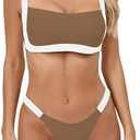 WODECASA Women's Colorblock Bikini Set Square Neck High Cut Cheeky Sexy Two Piece Swimsuit Bathing Suit (Medium, 151 Brown)