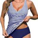 Yonique Tankini Swimsuits for Women Tummy Control Bathing Suits Two Piece Tankini Tops with Bikini Bottoms Twist Swimwear (XX-Large, Blue and White Stripe)