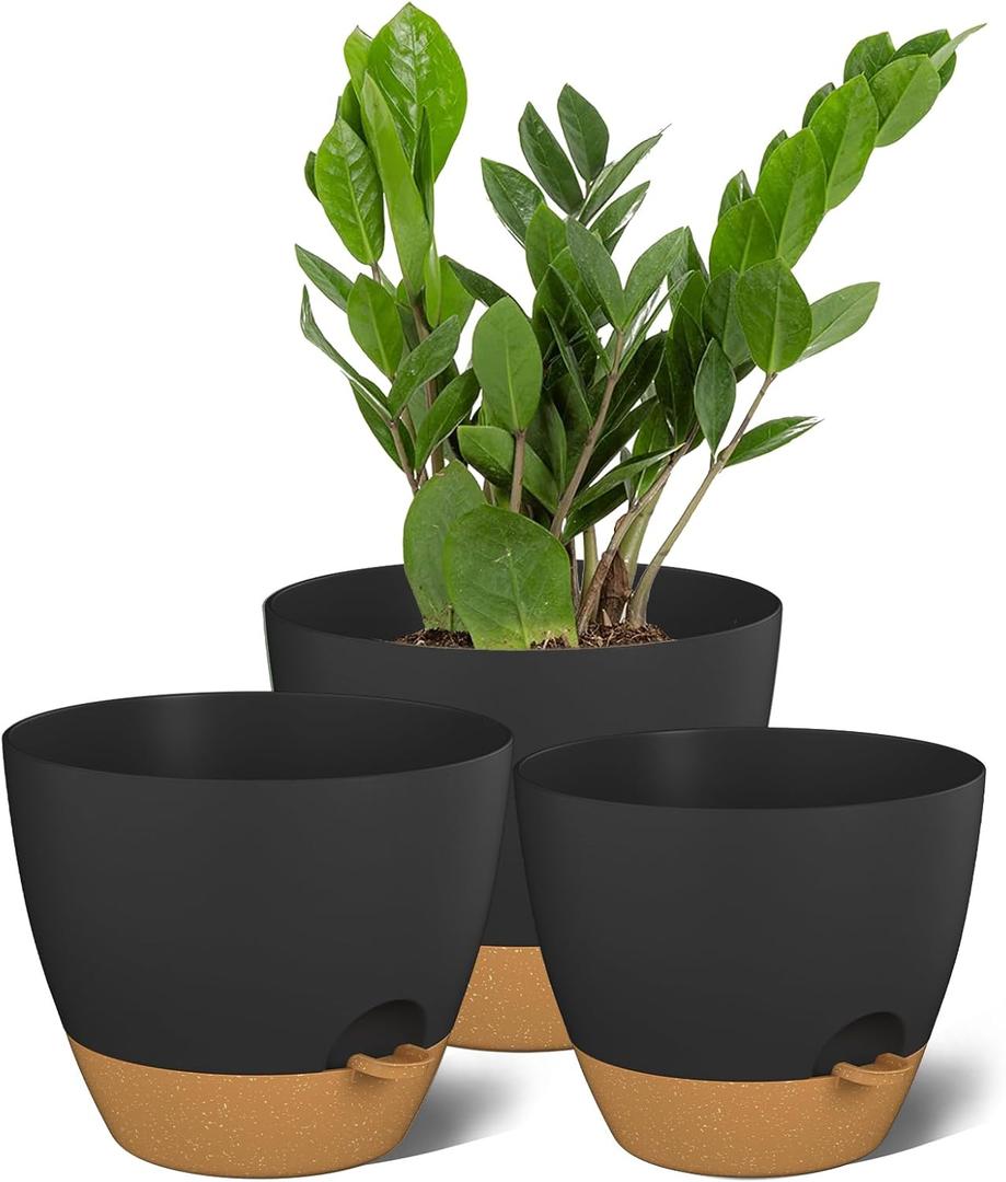 ZMTECH 9/10/12 Inch Plant Pots Sets, Selfwatering Planters with Drainage Holes Saucers for Indoor Outdoor Plants, Plastic Flower Pots for House Kitchen Window Garden(Black, 3 Pack)