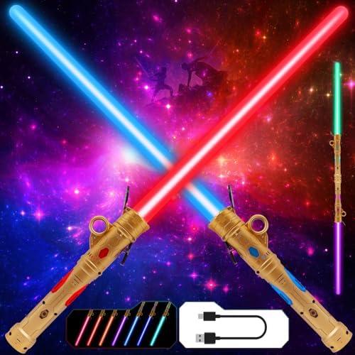 Gianby Light up Saber for Kids, 2-in-1 LED Dual Light Swords Set with 25 Color Changing Electronic Lights &3 Modes FX Sound, Rechargeable Light Sword Toy for Roleplay (2 Pack)