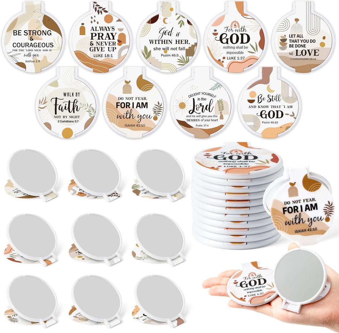 Y1tvei Bible Verse Folding Mirrors - 36Pcs Boho Christian Gifts Bulk Bible Verse Folding Compact Mirrors Inspirational Small Portable Round Pocket Makeup Mirror for Purse Church Party Favors for Women