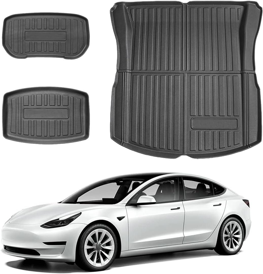 All Weather Rear Cargo Liner with Trunk Backrest Mats for 2024-2026 Model 3 cargo mat with storage mat, 3D laser precision fit trunk tray, all weather waterproof trunk protector. Odorless non-slip trunk carpet for SUV and cars