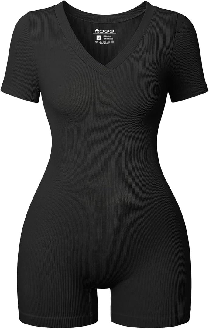OQQ Women Rompers Short Sleeve V Neck Summer Casual Stretch Overalls Shorts Jumpsuit 2025 Clothes Black, M OQQ Women Rompers Short Sleeve V Neck Summer Casual Stretch Overalls Shorts Jumpsuit 2025 Clothes Black, M