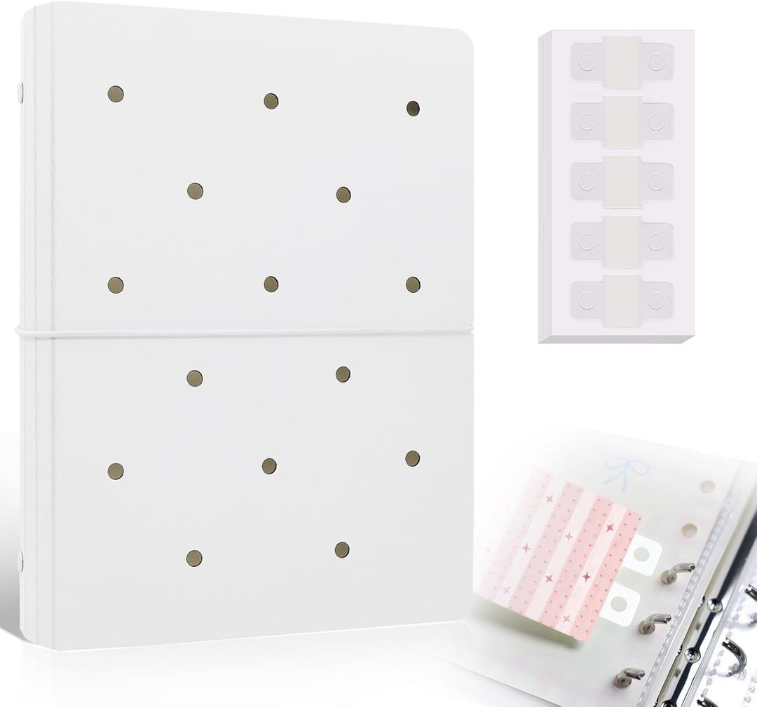 Refillable A5 Binder 6 Ring Cover for Planner Budget Journal Notebook Making with 300 PCS Binder Sheet Converter Sticker, Loose Leaf Cover with 25mm Inner Diameter Ring (Perforated-white)