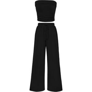 PRETTYGARDEN Womens Summer Outfits 2 Piece Sets Casual Ribbed Knit Crop Tube Top Wide Leg Pants Spring Matching Lounge Set (Large, Black)