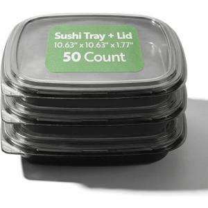 Restaurantware Sushi Containers, Pack Of 50 Plastic Disposable Square Sushi Storage Containers, Sushi Containers With Lids For Meal Prep Take Out, Stackable Black Food Containers With Clear Lids (10 3/4" x 10 3/4" x 1 3/4", Gold)