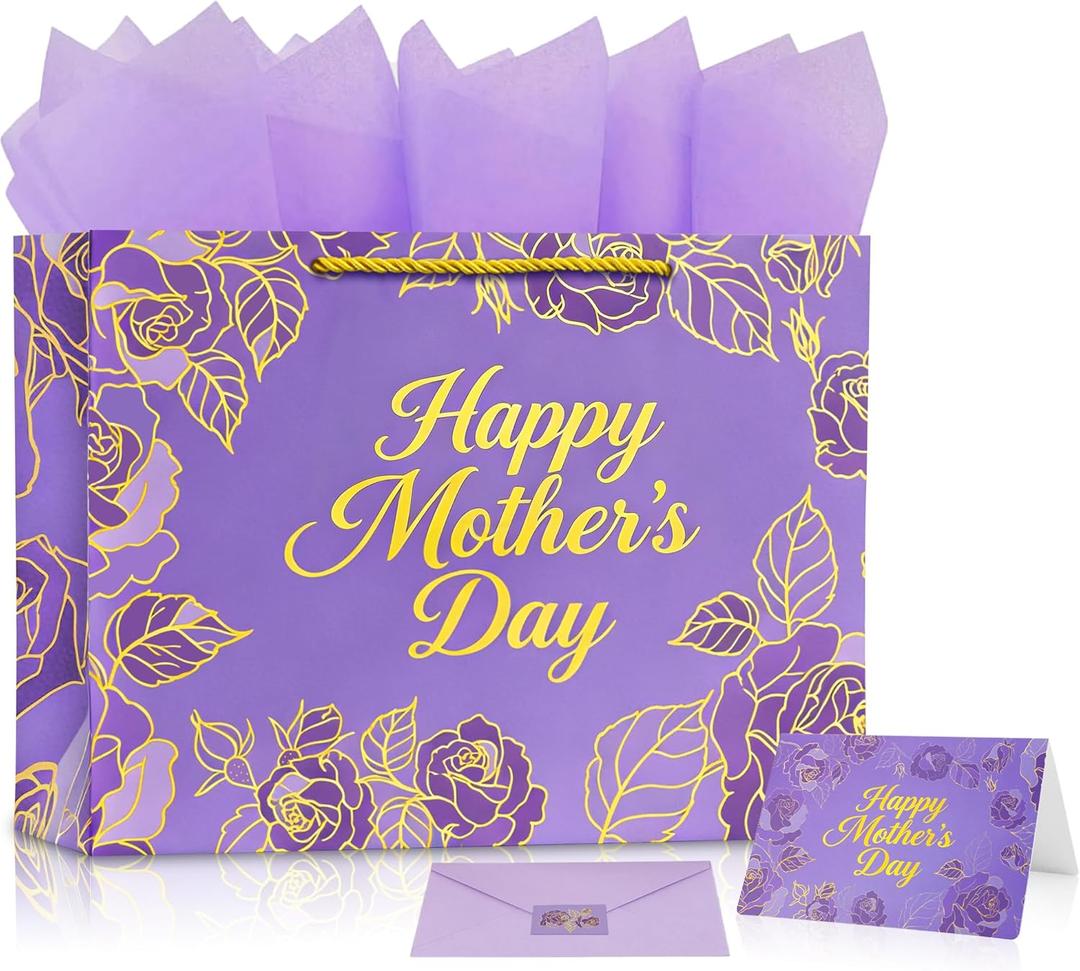 3 x Xustanina 13" Large Rose Purple Gift Bag Set, With Gilded Floral Pattern, Envelope, Greeting Card and Tissue Paper, Suitable for Mother's Day, Birthday, Wedding and Anniversary