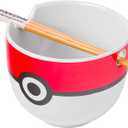 Silver Buffalo Pokemon Pokeball Ceramic Ramen Noodle Bowl with Chopsticks, Microwave Safe, 20 Ounces