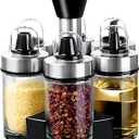 Mlici Oil and Vinegar Dispenser Set of 6 Bottles, Stainless Steel Salt Pepper Holder with 360 Rotating Holder, Cruet Soy Sauce - Premium Glass Condiment for Kitchen, Tabletop, Kitchen Containers