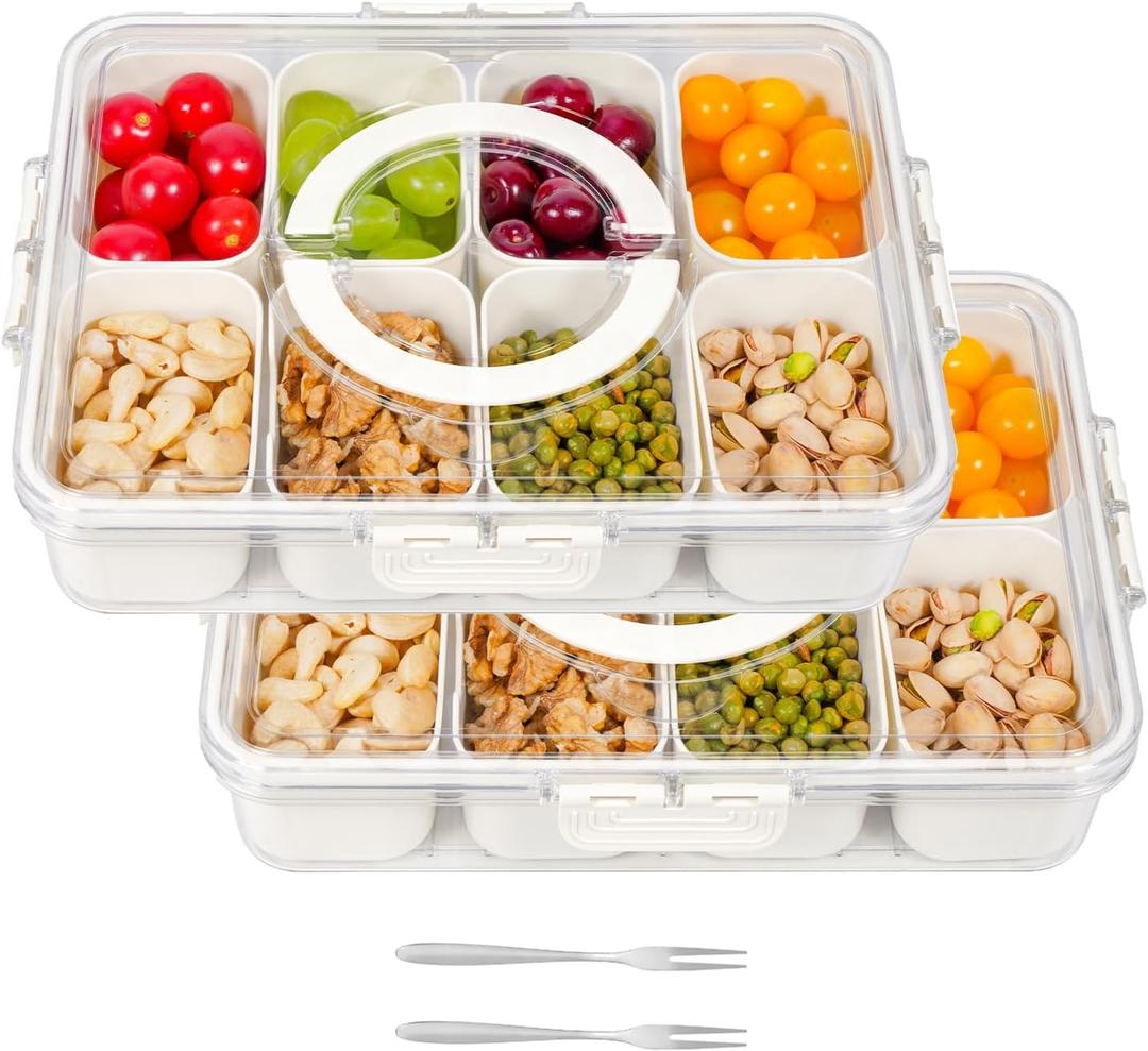 2 Pack Divided Serving Tray with Lid and Handle, Snackle Box Charcuterie Container Portable for Snack Platters Reusable Clear Organizer 8 Compartments for Candy, Fruits, Nuts for Party Entertaining
