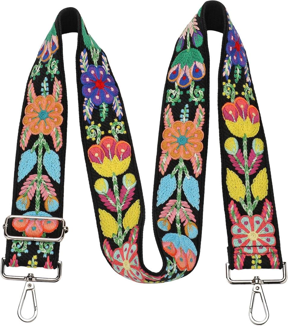 Wide Purse straps Crochet Flower replacement crossbody for Handbag Adjustable Embroidery Knit Guitar Shoulder strap (Black Gesang Flower)